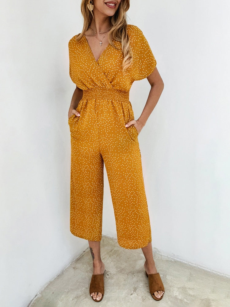 Women Jumpsuits Rompers Summer Casual Print V-neck Pocket Overalls Jumpsuit Short Sleeve Wide Leg Loose Jumpsuit