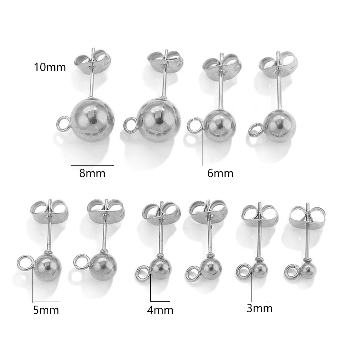 20pcs Stainless Steel Hypoallergenic 3 4 5 6 8mm Round Ball Earring Post Stud with Loop Fit DIY Earring  Jewelry Making Supplies