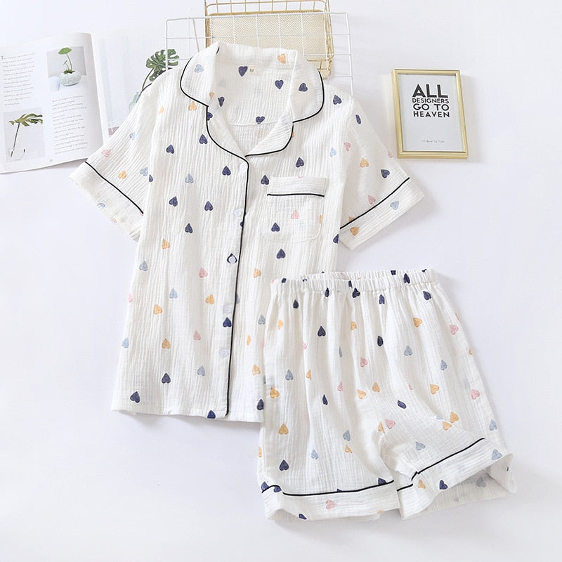 Ladies cotton gauze short sleeve shorts pajamas suit cute heart-shaped thin section home service suit woman