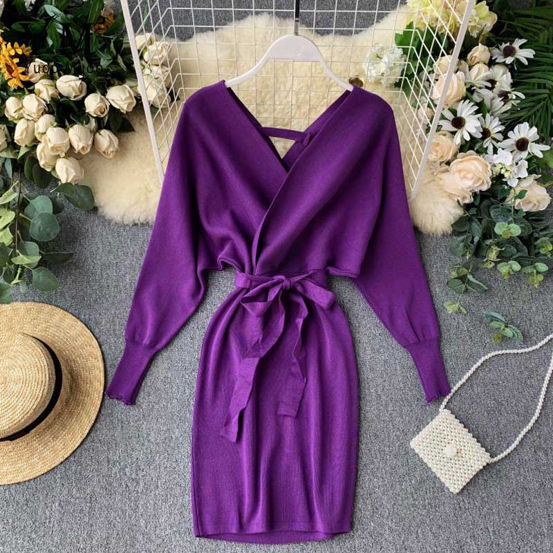 Autumn Winter Women Knitted Sweater Dress Long Batwing Sleeve V Neck Elegant Dress Ladies Bandage Dress