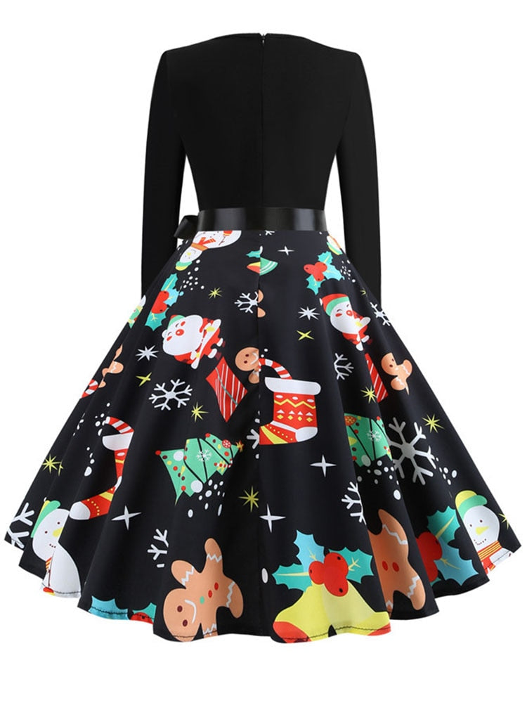 Christmas Dresses Women Vintage Robe Swing Pinup Elegant Party Dress Long Sleeve Casual Print Black