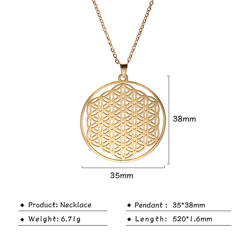 Gold Plated Flower of Life Pendant Necklace for Women Mandala Chakra Stainless Steel Charms Jewelry Sacred Geometry Amulet Gift