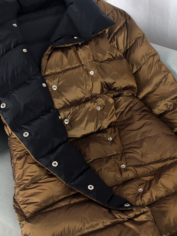 Duck Down Jacket Women Winter Long Double Sided Plaid Coat Female  Warm Down Parka Slim Outwear