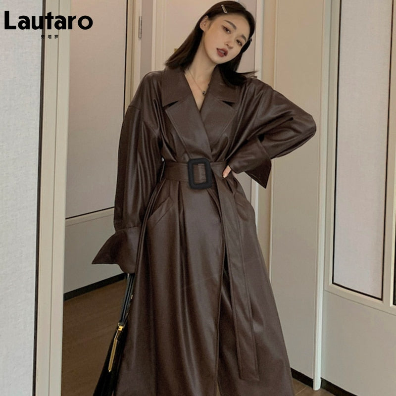 Lautaro Long oversized leather trench coat for women long sleeve lapel loose fit Fall Stylish black women clothing streetwear