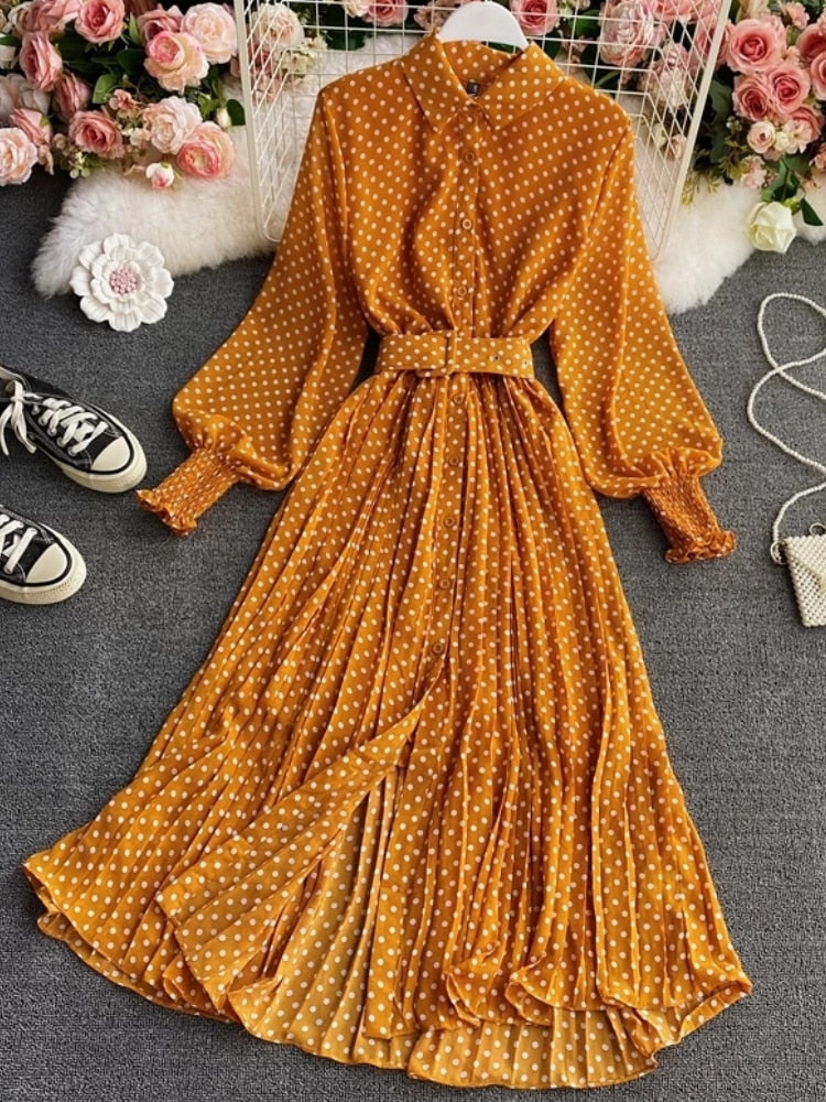 Women Vintage Maxi Party Dress Long Sleeve Orange Polka Dot Pleated Evening Black Vestidos Femme Fashion Robe New