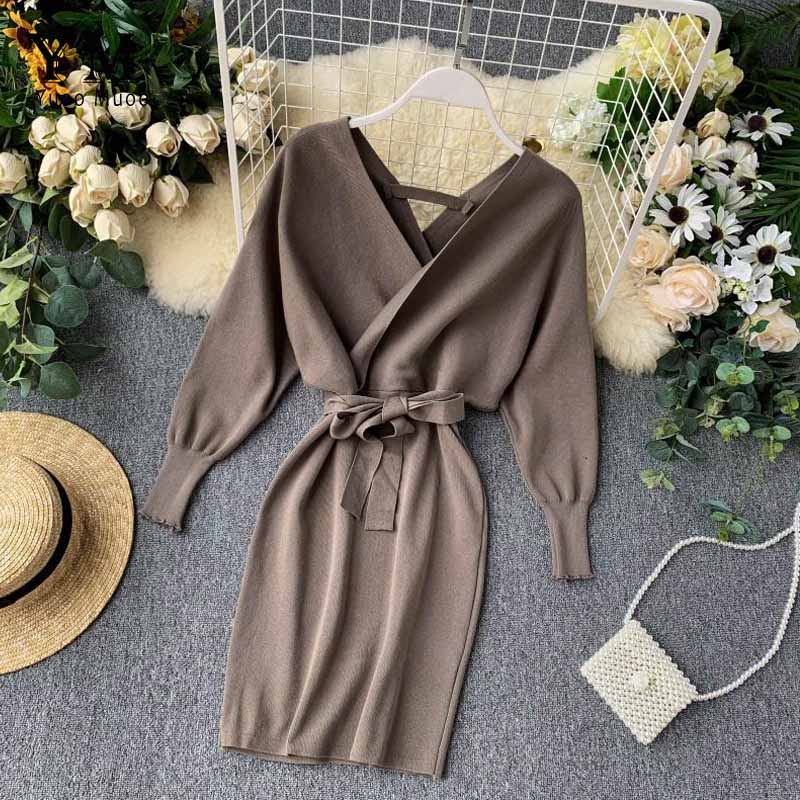 Autumn Winter Women Knitted Sweater Dress Long Batwing Sleeve V Neck Elegant Dress Ladies Bandage Dress