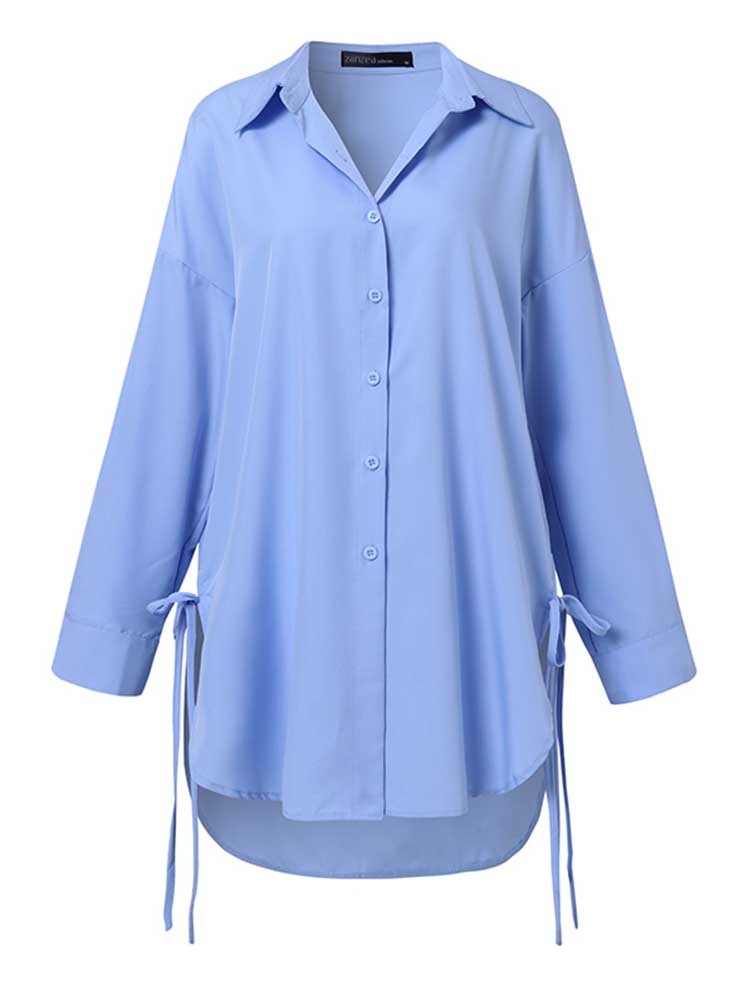 Stylish Solid Shirts Women's Asymmetrical Blouse Casual Lace Up Blusas Female Button Lapel Shirt Oversized Tunic