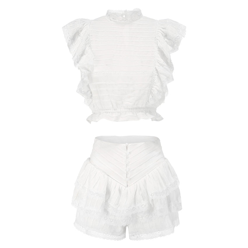 Sunday Set elastic waistband Cropped top with ruffle detail and cute ruffle mini shorts skirts