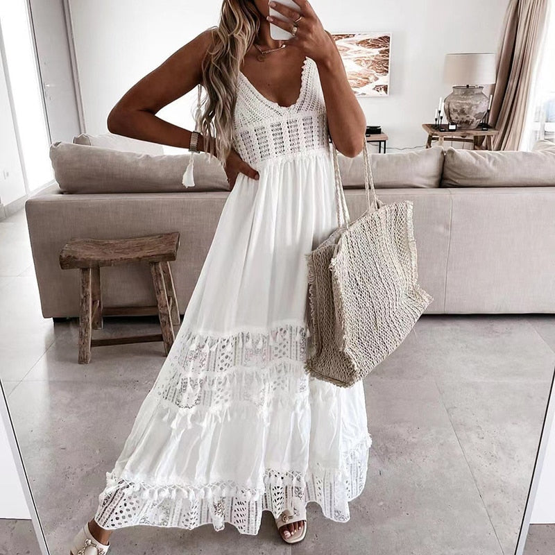 Off Shoulder Lace Patchwork Elegant Dress Women Summer  Neck Spaghetti Strap Dress Female New Fashion Solid Party Dresses