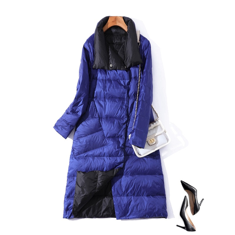 Duck Down Jacket Women Winter Long Double Sided Plaid Coat Female  Warm Down Parka Slim Outwear