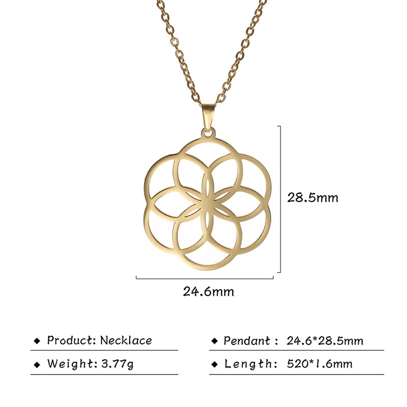 Gold Plated Flower of Life Pendant Necklace for Women Mandala Chakra Stainless Steel Charms Jewelry Sacred Geometry Amulet Gift