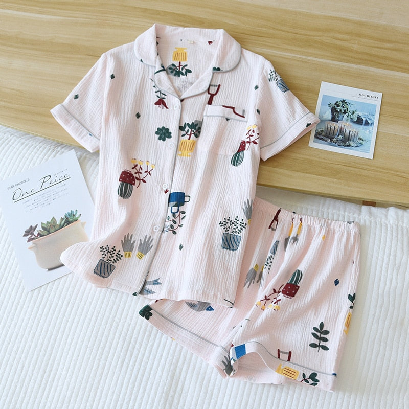 Ladies cotton gauze short sleeve shorts pajamas suit cute heart-shaped thin section home service suit woman