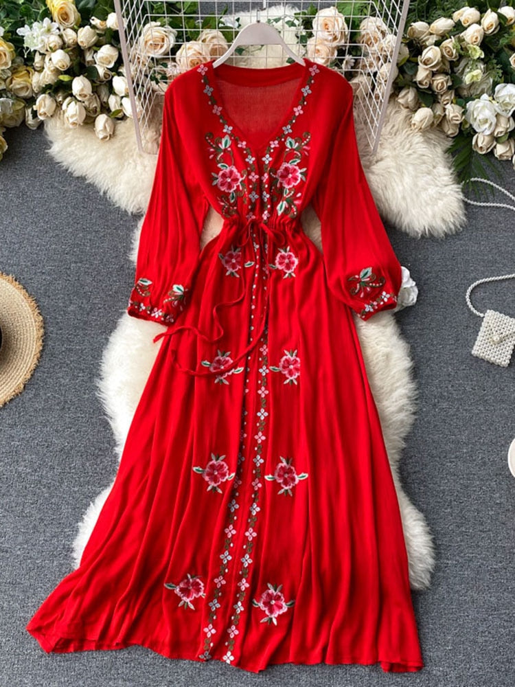 Women's Dress Travel Photography Holiday Long Dress New Retro Ethnic Style Embroidered V-neck Lantern Sleeve Dress