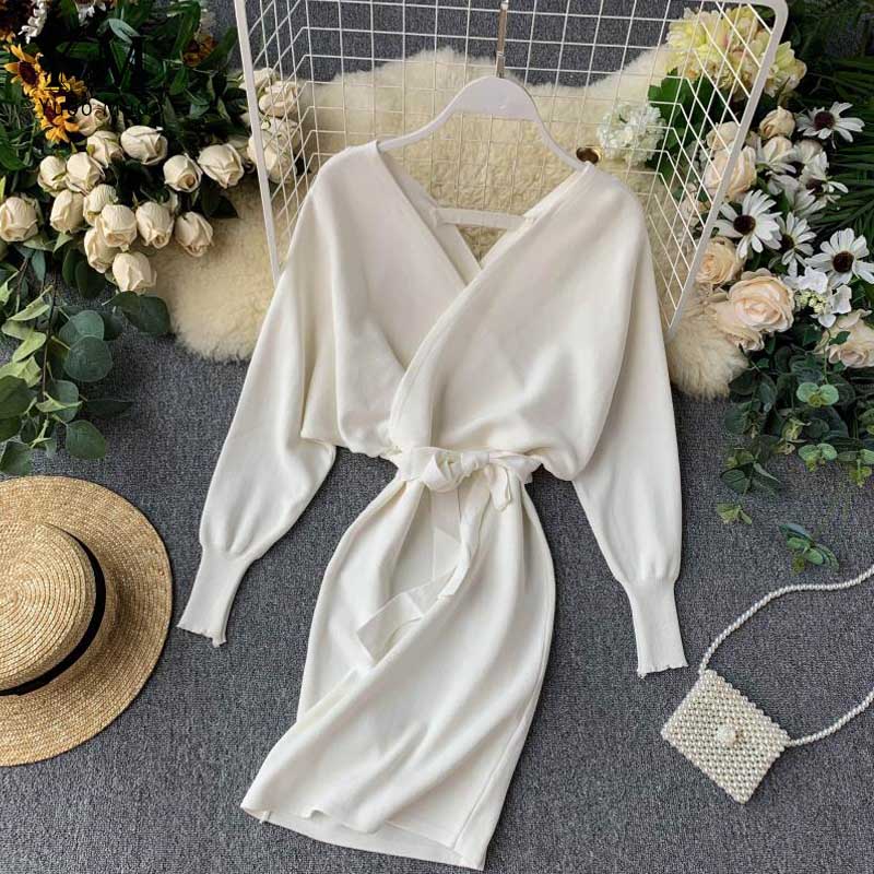 Autumn Winter Women Knitted Sweater Dress Long Batwing Sleeve V Neck Elegant Dress Ladies Bandage Dress