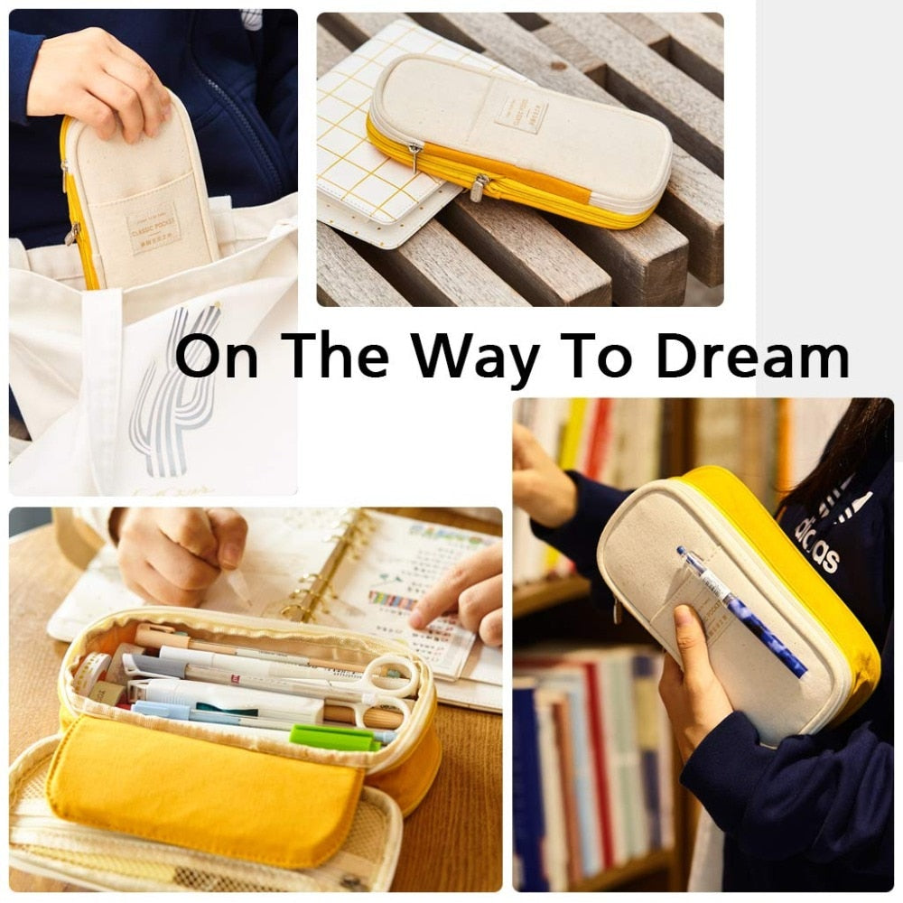 Kawaii Pencil Case Macaron Color Canvas Stretch Double Layer Large Capacity Pencil Box Cute Pencilcase Kids School Stationery