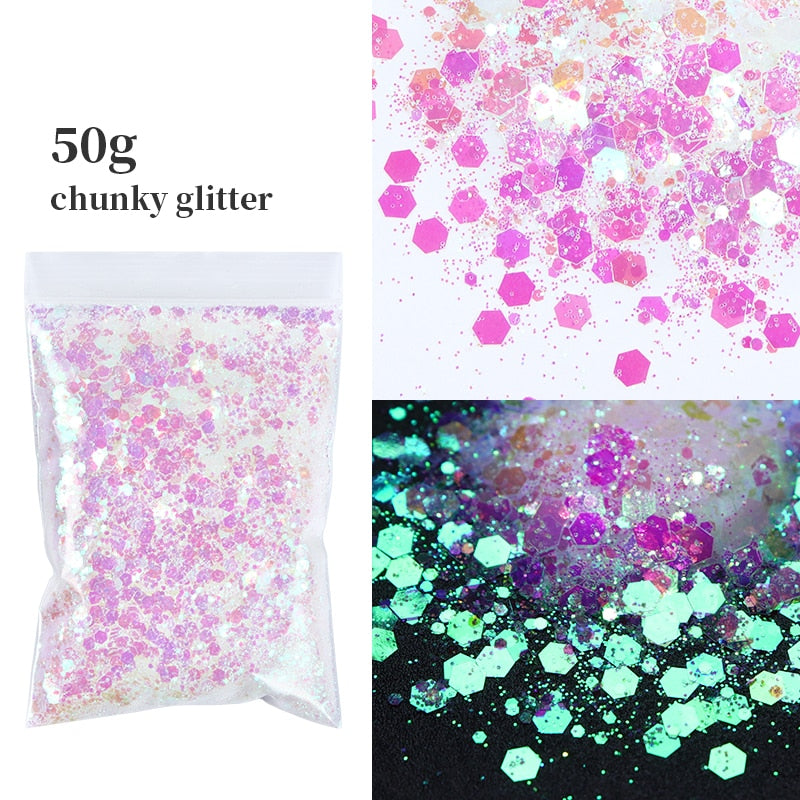 50G Holographic Mixed Hexagon Shape Chunky Nail Glitter Silver Sequins Laser Sparkly Flakes Slices Manicure Nails Art Decoration