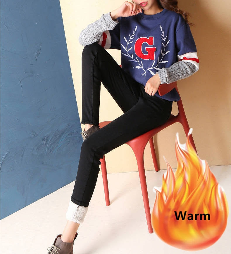 Super Warm Skinny Lambswool Jeans Women Fleece Liner High Waist Denim Pants