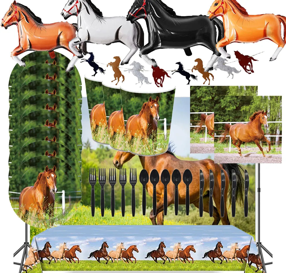 Horse Pony Disposable Tableware Set Kids Birthday Party Supplies Plates Cups Napkins Flag Kids Horse Wedding Cake Decorations