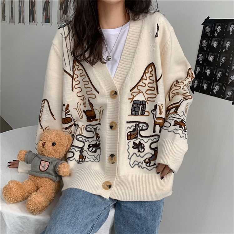 Letter Embroidery Loose Sweaters Women Winter Women Coat Cardigan Preppy Style Clothes Y2K Sweet Girl Casual Knit Sweater Top