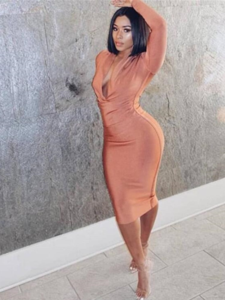 Winter Sexy V Neck Long Sleeve Women Bodycon Bandage Dress Designer Evening Party Dress Vestido