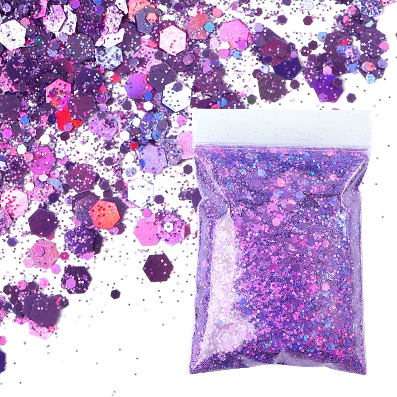 50G Holographic Mixed Hexagon Shape Chunky Nail Glitter Silver Sequins Laser Sparkly Flakes Slices Manicure Nails Art Decoration