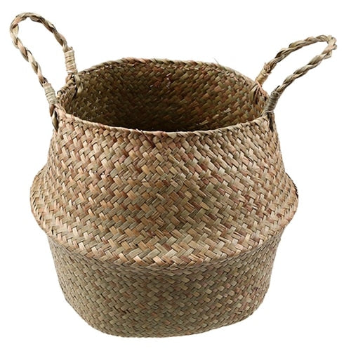 Foldable Wicker Basket Planter Rattan Woven Basket Handmade Seagrass Laundry Storage Basket Home Decor Kitchen Organizer