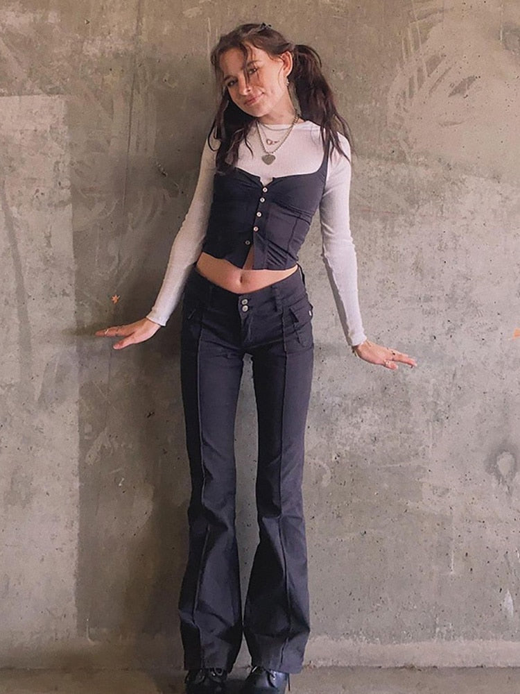 ALLNeon Indie Aesthetics Slim Low Waist Flare Pants E-girl Vintage Pockets Solid Y2K Pants Autumn 90s Fashion Black Trousers