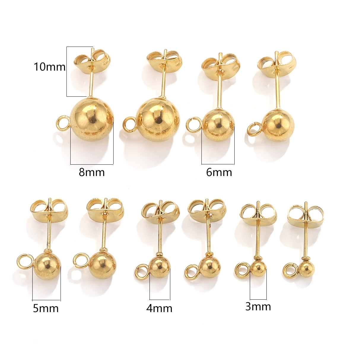 20pcs Stainless Steel Hypoallergenic 3 4 5 6 8mm Round Ball Earring Post Stud with Loop Fit DIY Earring  Jewelry Making Supplies