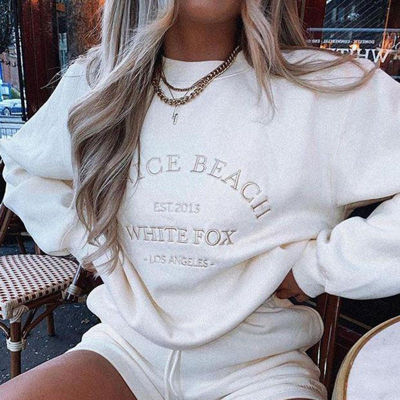 Embroidery Letter White Vintage American Oversized Sweatshirt Women Streetwear New Long Sleeve Casual Girl Tops Winter