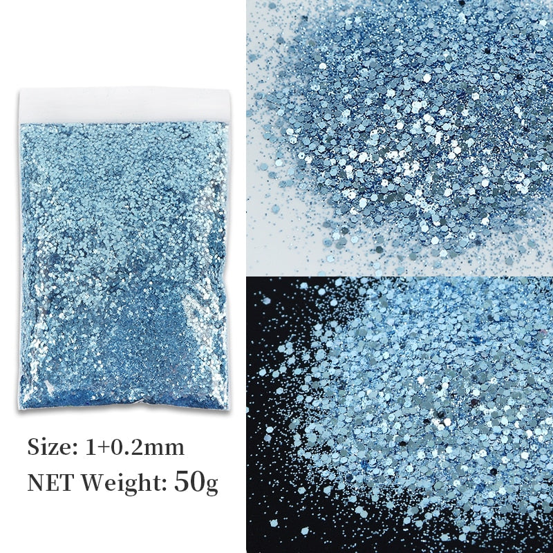 50G Holographic Mixed Hexagon Shape Chunky Nail Glitter Silver Sequins Laser Sparkly Flakes Slices Manicure Nails Art Decoration