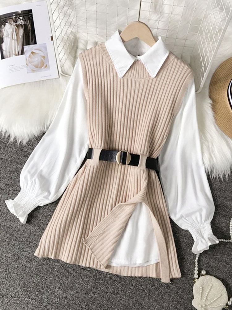 Spring Autumn Women's Lantern Sleeve Shirt Knitted Vest Two Piece Sets of College Style Waistband Vest Two Sets Top