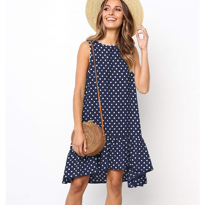 Lossky Women Summer Dress Polka Dot Chiffon Sleeveless Beach Mini Casual Yellow Sundress Fashion Dress For Women