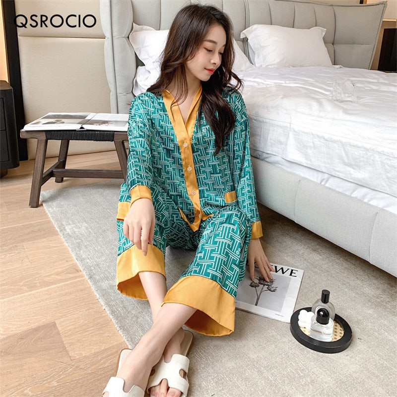 Women's Pajamas Set Fashion V Neck Letter Print Sleepwear Silk Like Leisure Home Clothes Nightwear