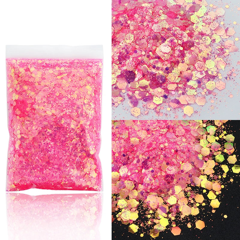 50G Holographic Mixed Hexagon Shape Chunky Nail Glitter Silver Sequins Laser Sparkly Flakes Slices Manicure Nails Art Decoration