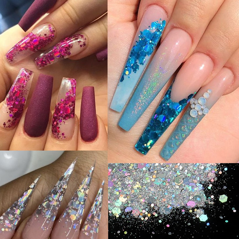 50G Holographic Mixed Hexagon Shape Chunky Nail Glitter Silver Sequins Laser Sparkly Flakes Slices Manicure Nails Art Decoration