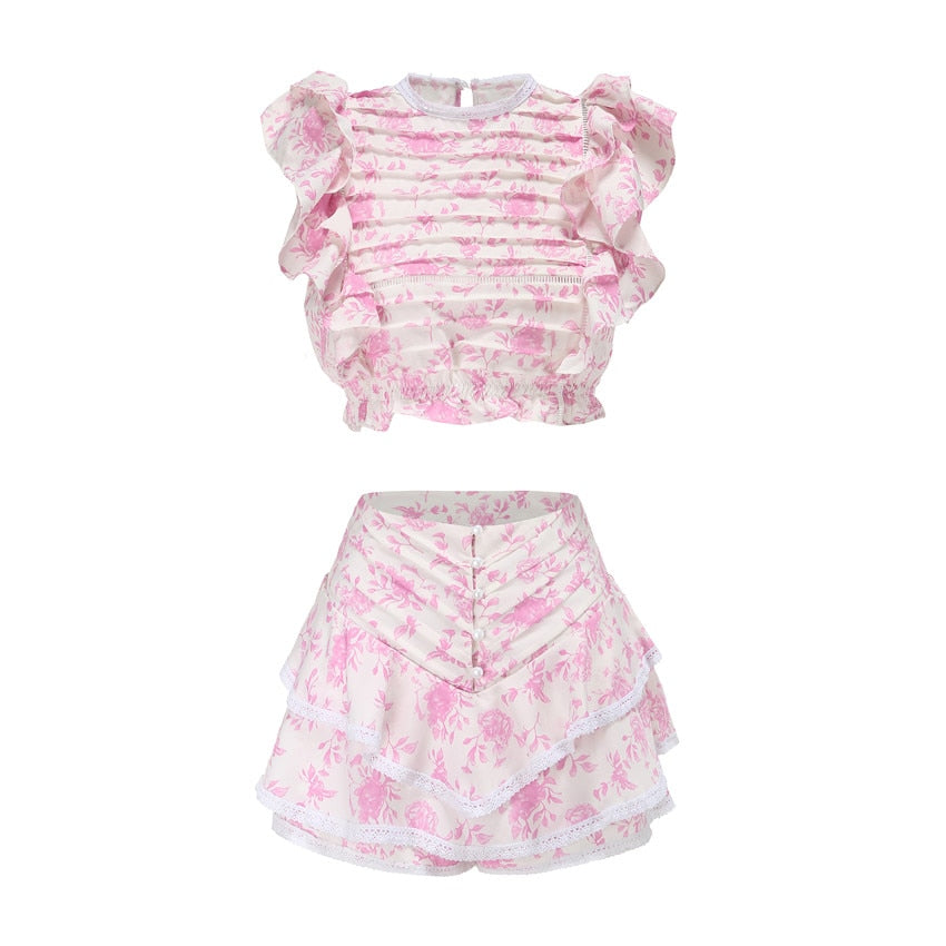 Sunday Set elastic waistband Cropped top with ruffle detail and cute ruffle mini shorts skirts