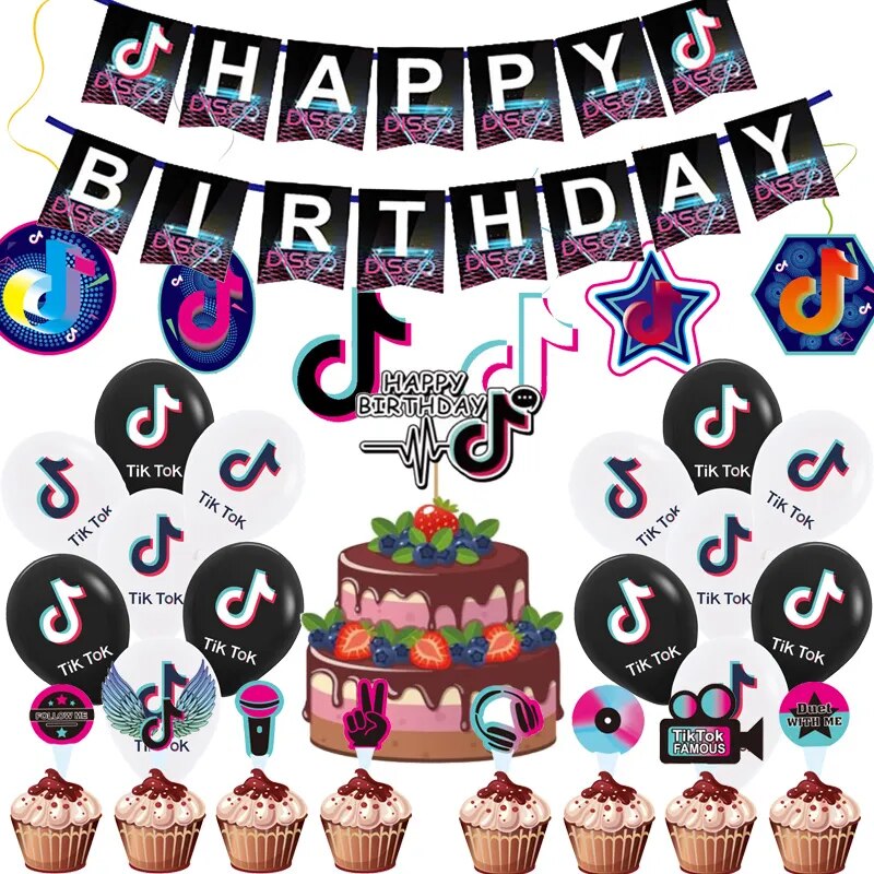 Tiktok Music Party Decoration Birthday Celebration Carnival Party Cutlery Set Cake Topper Paper Plates Cups Girl Shower Gifts