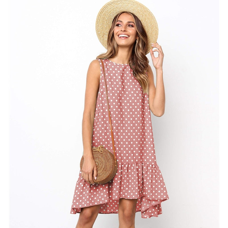 Lossky Women Summer Dress Polka Dot Chiffon Sleeveless Beach Mini Casual Yellow Sundress Fashion Dress For Women