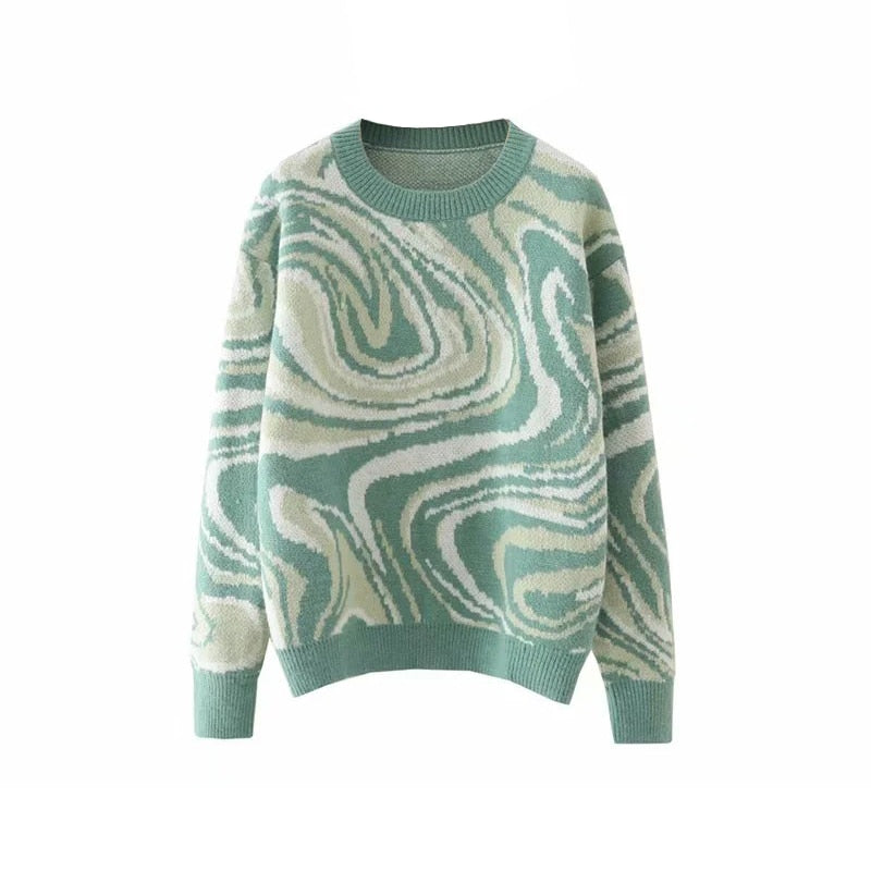 Green Tie Dye Knitted Sweater and Pullovers Women Winter Long Sleeve Warm Ribbed Jumper Female Slim Top