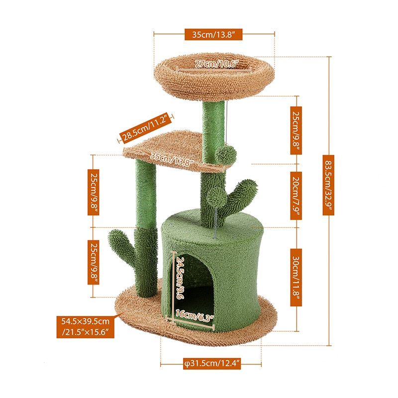 H90.5CM Cactus Cat Tree with Natural Sisal Scratching Post Board for Cat Perch Condo Kitty Play House rascador gato arbre à chat