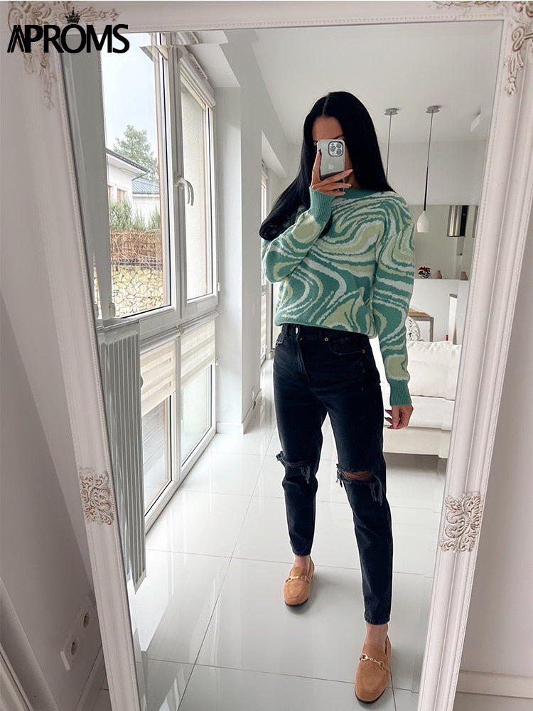 Green Tie Dye Knitted Sweater and Pullovers Women Winter Long Sleeve Warm Ribbed Jumper Female Slim Top