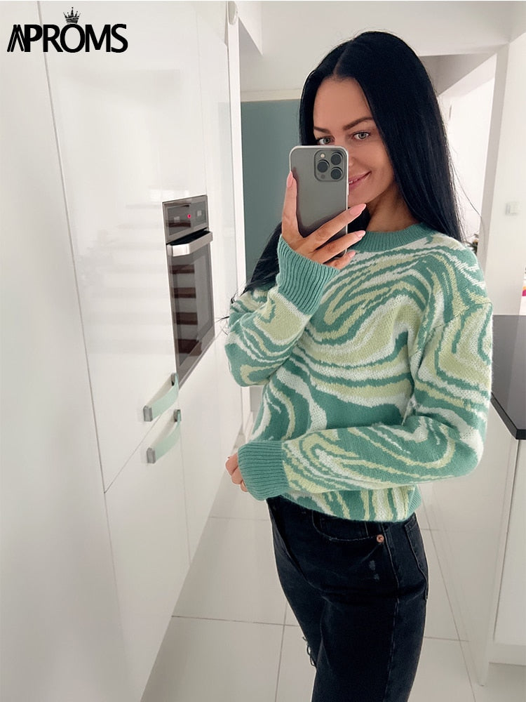 Green Tie Dye Knitted Sweater and Pullovers Women Winter Long Sleeve Warm Ribbed Jumper Female Slim Top