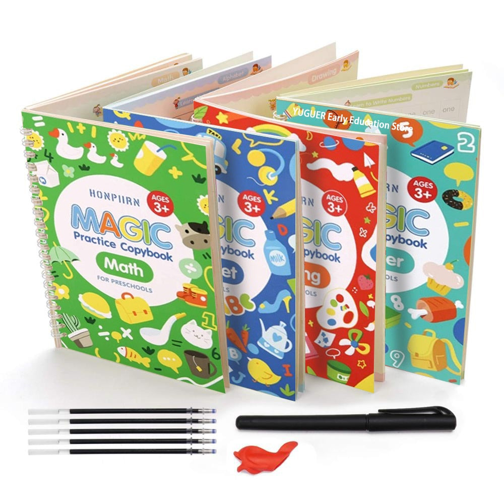 4 Books/Sets of Children's School Copybook 3D Calligraphy Reusable Handwriting Practice Learn Writing English Magic Stationery