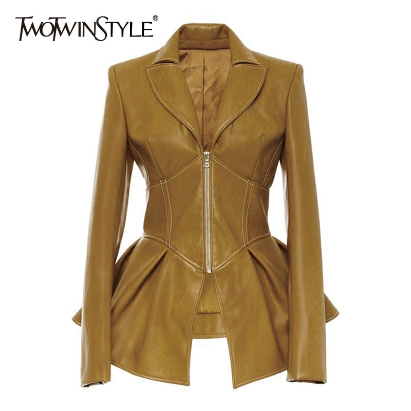 Biker Style Patchwork Irregular Jacket Women Lapel Collar Long Sleeve High Wait Tunic