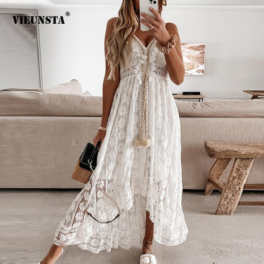 Off Shoulder Lace Patchwork Elegant Dress Women Summer  Neck Spaghetti Strap Dress Female New Fashion Solid Party Dresses