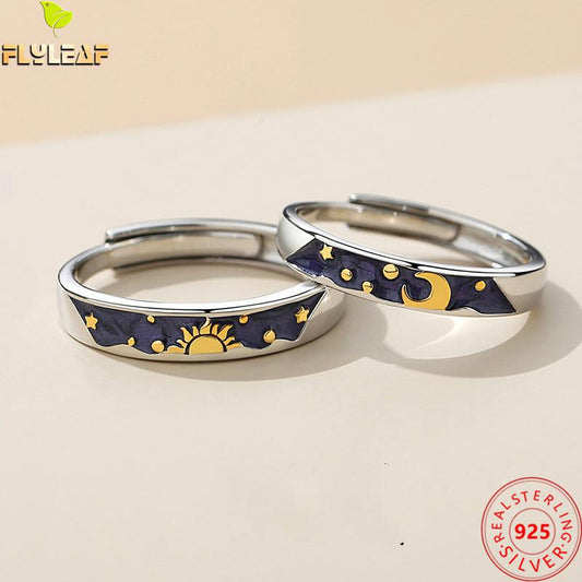 Sterling Silver Enamel Sun Moon Starry Sky Couple Rings For Women Romantic Style Gifts For Lovers Fine Jewelry