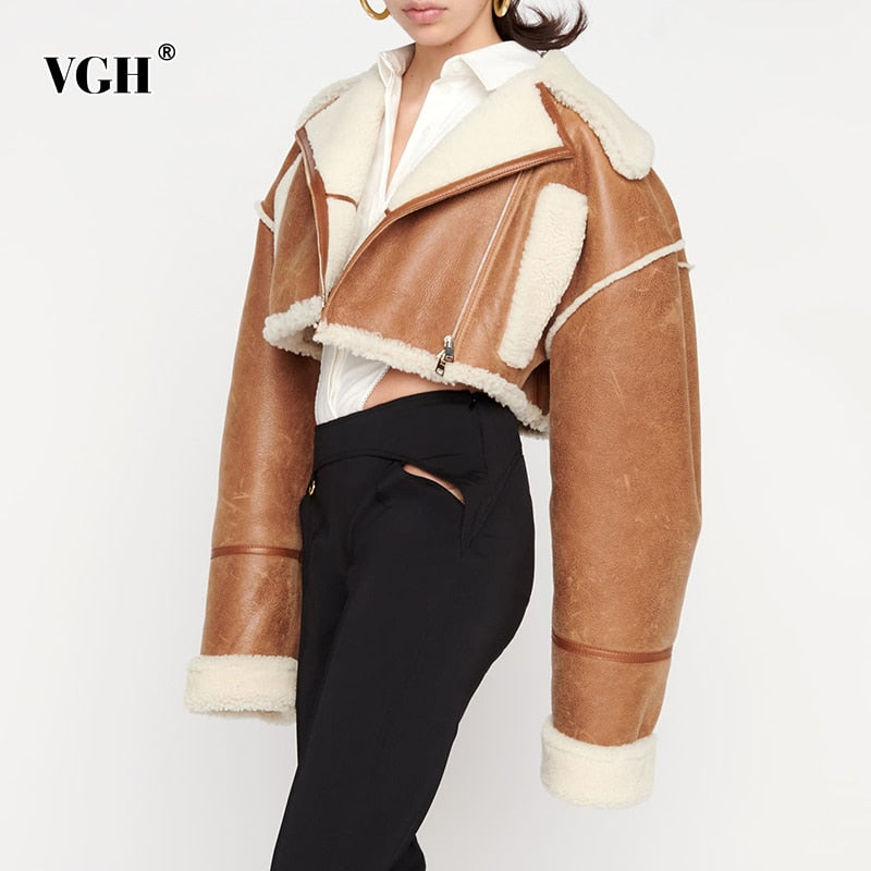 Fashion Patchwork PU Leather Colorblock Jacket For Women Lapel Collar Long Sleeve Zipper Coats Female Winter Clothing