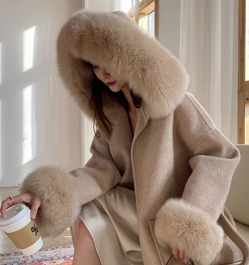 Real Cashmere Woolen Coat famous natural fox fur coats outerwear dropshipping