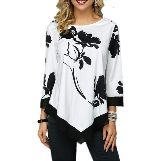 Oversized Women T Shirt Casual Irregular O-Neck Lace Splice Floral Printing Tee Shirt Women's Tops Pullovers Clothing