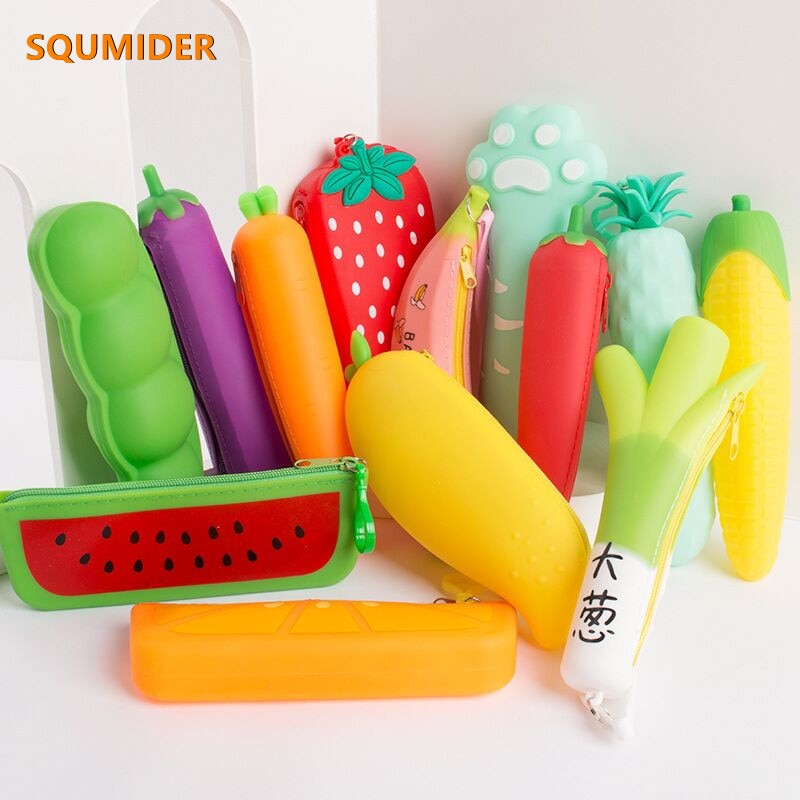 Fruit and vegetable silicone pencil case Cute pencil bag Student pen case Children storage bag big purse key bag School supplie